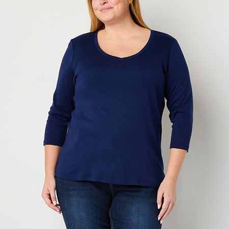 St. John's Bay Womens V Neck 3/4 Sleeve Plus T-Shirt, 4x, Blue