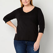 St. John's Bay Womens Plus V Neck 3/4 Sleeve T-Shirt