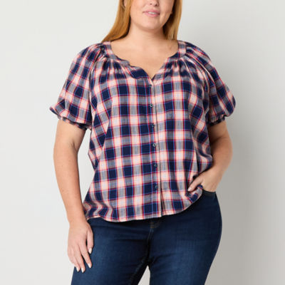 St. John's Bay Womens Plus Split Crew Neck Short Sleeve Blouse