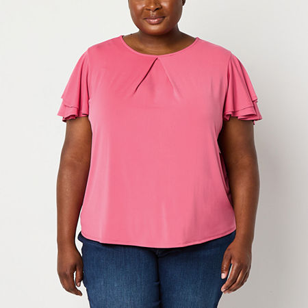 Liz Claiborne Plus Womens Crew Neck Short Sleeve Blouse, 1x, Purple