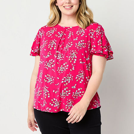 Liz Claiborne Womens Crew Neck Short Sleeve Plus Blouse, 1x, Pink