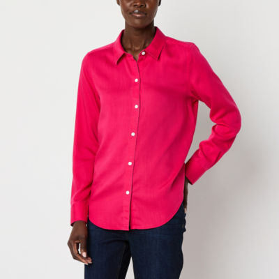 Liz Claiborne Womens Long Sleeve Cuffed Sleeve Regular Fit Button-Down Shirt