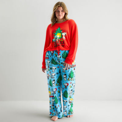 Womens Peanuts Snoopy Microfleece Crew Neck Long Sleeve 2-pc. Matching Family Plus Pajama Sets