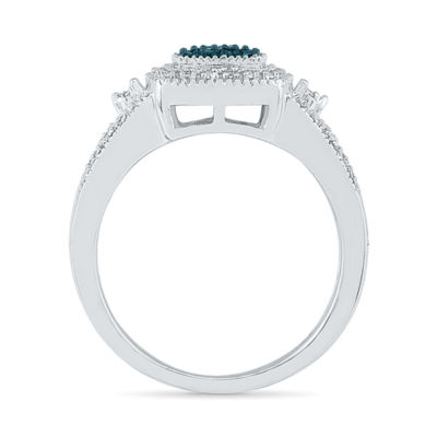 Womens Diamond Accent Natural Blue Diamond Sterling Silver Halo Cocktail Ring