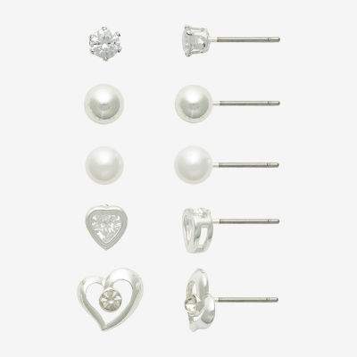 Mixit Womens Simulated Pearl Heart Round Hypoallergenic 5 Pair Earring Set