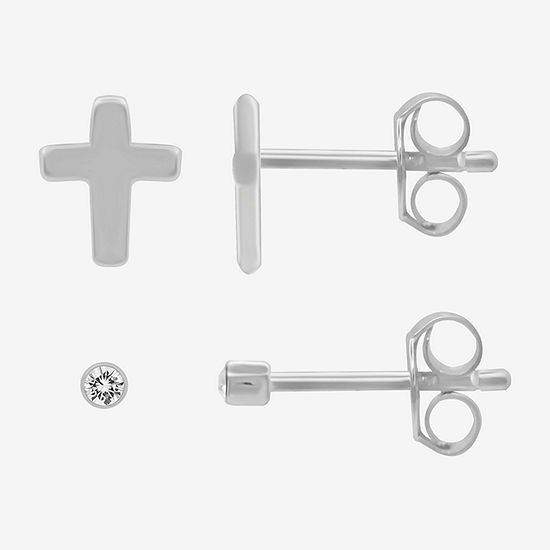 Itsy Bitsy Sterling Silver 2 Pair Crystal Cross Earring Set