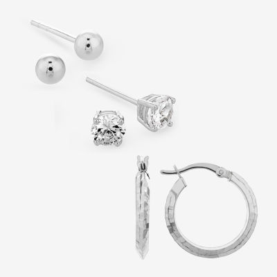 Womens Cubic Zirconia Sterling Silver Ball 3 Pair Earring Set