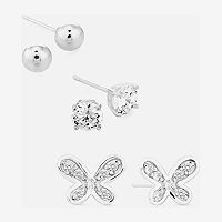 White Cubic Zirconia Sterling Silver Ball 3 Pair Earring Set, One Size