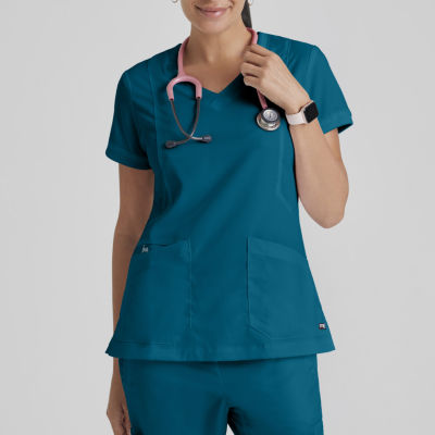 Greys Anatomy Classic Kira 4-Pocket Womens V Neck Moisture Wicking Short Sleeve Scrub Top