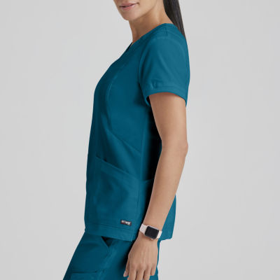 Greys Anatomy Classic Kira 4-Pocket Womens Plus V Neck Moisture Wicking Short Sleeve Scrub Top