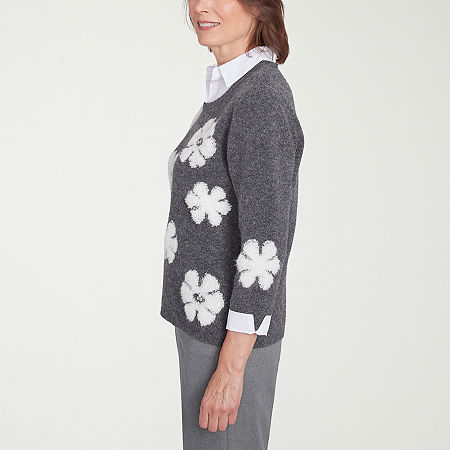 Alfred Dunner Copenhagen Womens 3/4 Sleeve Floral Layered Sweaters, Petite Medium, Gray