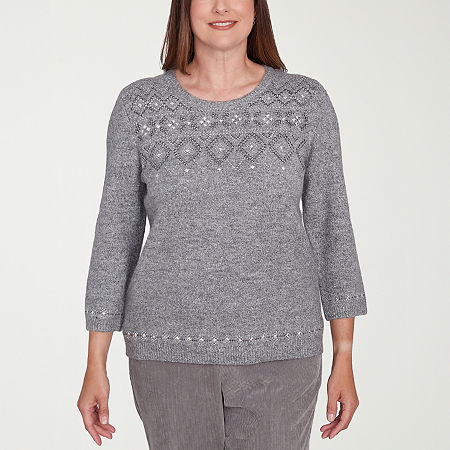 Alfred Dunner Copenhagen Womens Crew Neck Embellished 3/4 Sleeve Pullover Sweater, Petite Small, Gray