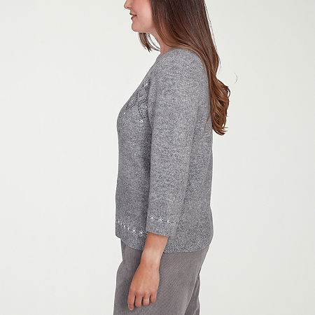 Alfred Dunner Copenhagen Womens Crew Neck Embellished 3/4 Sleeve Pullover Sweater, Petite Small, Gray