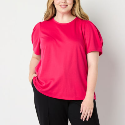Liz Claiborne Plus Texture Womens Crew Neck Short Sleeve Blouse