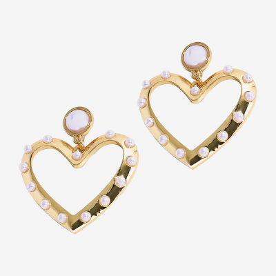 Bijoux Bar Gold Tone Womens White Simulated Pearl Heart Drop Earrings