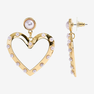 Bijoux Bar Gold Tone Womens White Simulated Pearl Heart Drop Earrings