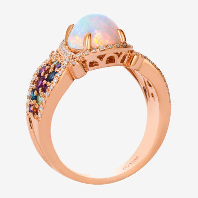 Levian Corp Le Vian Womens Genuine White Opal 14K Rose Gold Oval Halo Side Stone Cocktail Ring