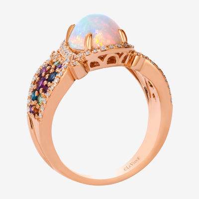 Levian Corp Le Vian Womens Genuine White Opal 14K Rose Gold Oval Halo Side Stone Cocktail Ring