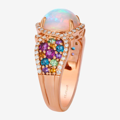 Levian Corp Le Vian Womens Genuine White Opal 14K Rose Gold Oval Halo Side Stone Cocktail Ring