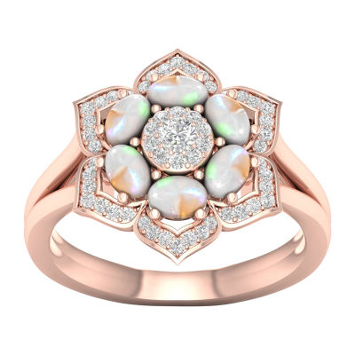 Womens Lab Created Opal 10K Rose Gold Over Silver Halo Cocktail Ring