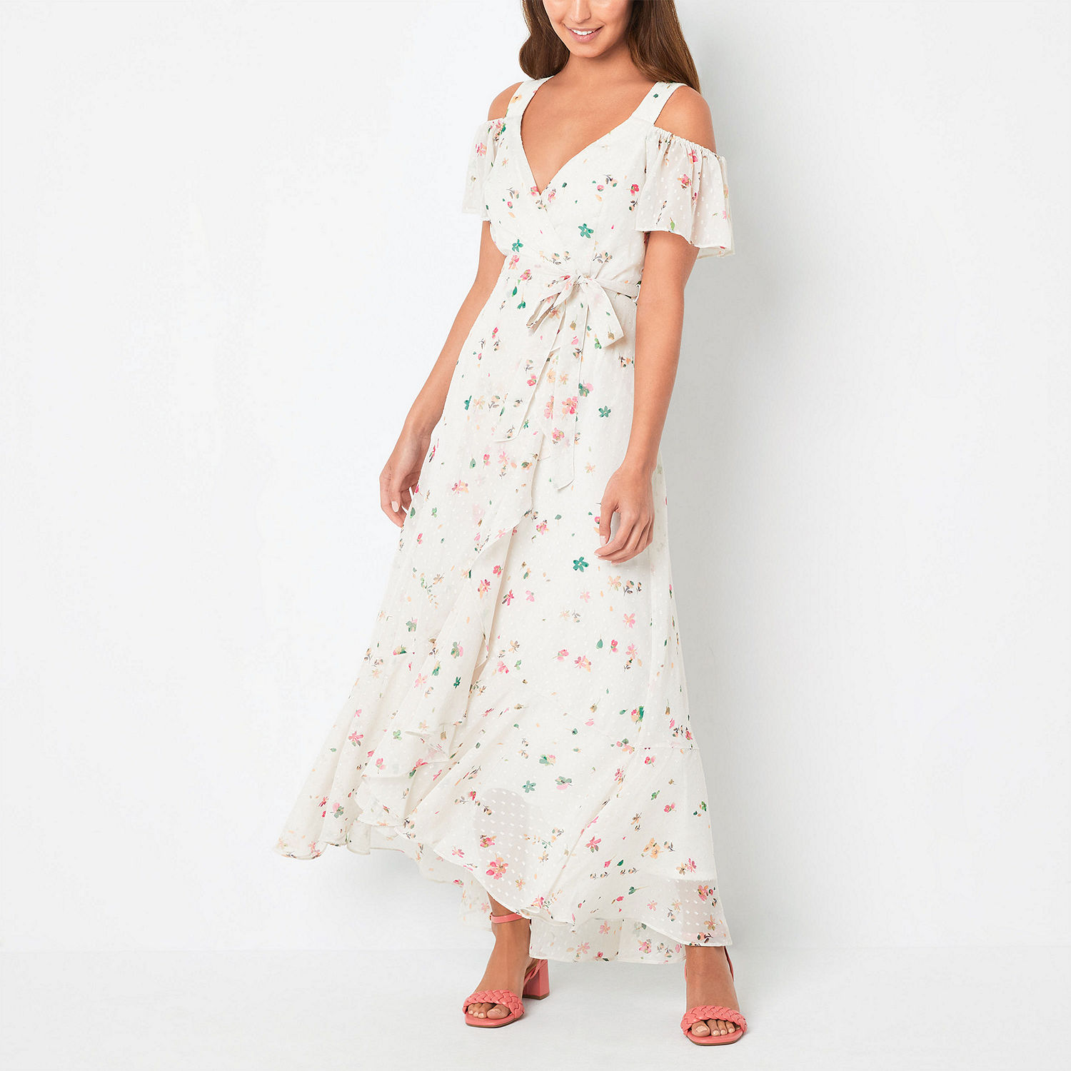 Melonie T Petite Short Sleeve Cold-Shoulder Floral Midi Maxi Dress ...