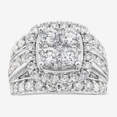 (I / I1) Womens 4 CT. T.W. Lab Grown White Diamond 10K Gold Cushion Side Stone Engagement Ring