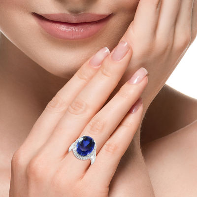 Effy  Womens 7/8 CT. T.W. Lab Created Blue Sapphire 14K White Gold Oval Halo Cocktail Ring