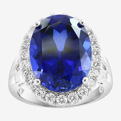 Effy  Womens 7/8 CT. T.W. Lab Created Blue Sapphire 14K White Gold Oval Halo Cocktail Ring