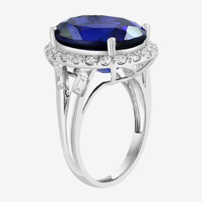 Effy  Womens 7/8 CT. T.W. Lab Created Blue Sapphire 14K White Gold Oval Halo Cocktail Ring