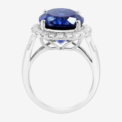 Effy  Womens 7/8 CT. T.W. Lab Created Blue Sapphire 14K White Gold Oval Halo Cocktail Ring