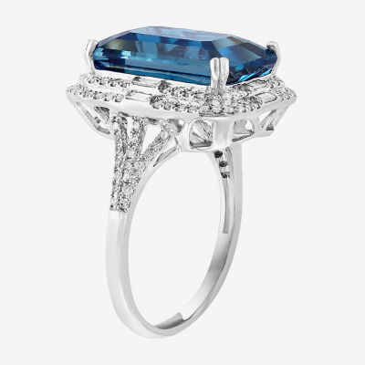 Effy  Womens 5/8 CT. T.W. Genuine Blue Topaz 14K White Gold Halo Side Stone Cocktail Ring