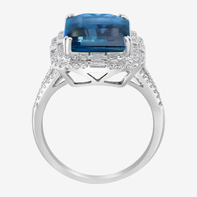 Effy  Womens 5/8 CT. T.W. Genuine Blue Topaz 14K White Gold Halo Side Stone Cocktail Ring