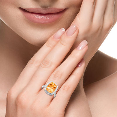 Effy  Womens Genuine Yellow Citrine Sterling Silver Cushion Halo Side Stone Cocktail Ring