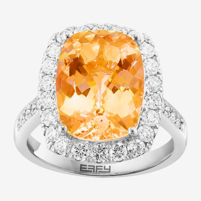 Effy  Womens Genuine Yellow Citrine Sterling Silver Cushion Halo Side Stone Cocktail Ring