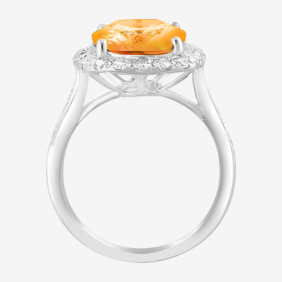 Effy  Womens Genuine Yellow Citrine Sterling Silver Cushion Halo Side Stone Cocktail Ring