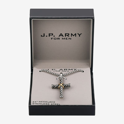 J.P. Army Mens Jewelry Stainless Steel 24 Inch Box Cross Pendant Necklace