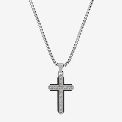 J.P. Army Mens Jewelry Cubic Zirconia Stainless Steel 24 Inch Box Cross Pendant Necklace