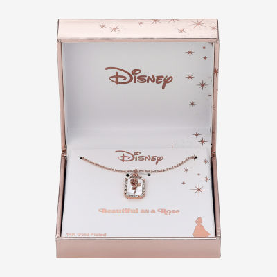 Disney Classics Rose Crystal Pure Silver Over Brass 16 Inch Cable Flower Rectangular Beauty and the Beast Pendant Necklace