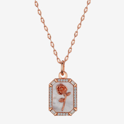 Disney Classics Rose Crystal Pure Silver Over Brass 16 Inch Cable Flower  Rectangular Beauty and the Beast Pendant Necklace