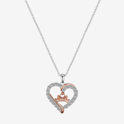 Disney Classics Cubic Zirconia Pure Silver Over Brass 16 Inch Cable Crown Heart Princess Pendant Necklace