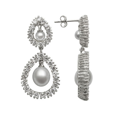 Silver Over Brass Cultured Freshwater Pearl and Cubic Zirconia Bridal Earrings