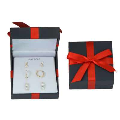 Womens 3 Pair Cubic Zirconia 14K Gold Earring Set