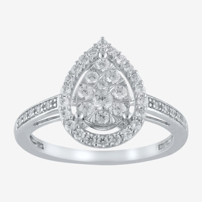 Certified Womens 1/2 CT. T.W. Mined White Diamond 14K White Gold Pear Halo Cocktail Ring
