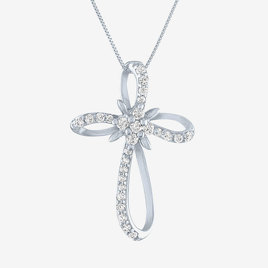 Womens 1/3 CT. T.W. Lab Grown White Diamond 10K White Gold Cross Pendant Necklace