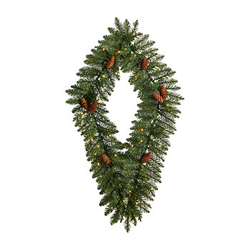 Nearly Natural 3' Holiday Christmas Geometric Diamond Wreath with Pinecones and 50 Warm White LED Lights