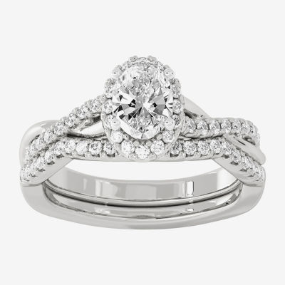 Signature By Modern Bride (H-I / Si1-Si2) Womens 1 1/5 CT. T.W. Lab Grown White Diamond 10K White Gold Oval Side Stone Halo Bridal Set