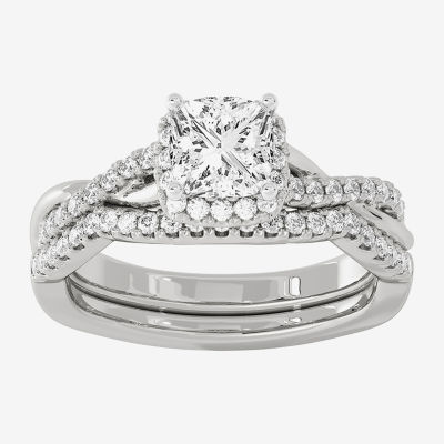 Signature By Modern Bride (H-I / Si1-Si2) Womens 1 1/5 CT. T.W. Lab Grown White Diamond 10K White Gold Side Stone Halo Bridal Set