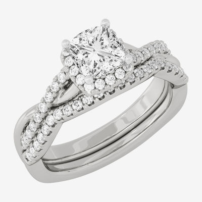 Signature By Modern Bride (H-I / Si1-Si2) Womens 1 1/5 CT. T.W. Lab Grown White Diamond 10K White Gold Side Stone Halo Bridal Set