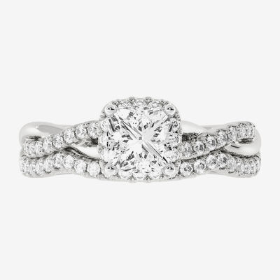 Signature By Modern Bride (H-I / Si1-Si2) Womens 1 1/5 CT. T.W. Lab Grown White Diamond 10K White Gold Side Stone Halo Bridal Set