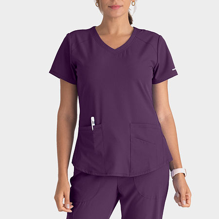 Skechers Sk101 Breeze 3-Pocket Curved Womens V Neck Tag Free Stretch Fabric Moisture Wicking Short Sleeve Scrub Top, X-large, Purple